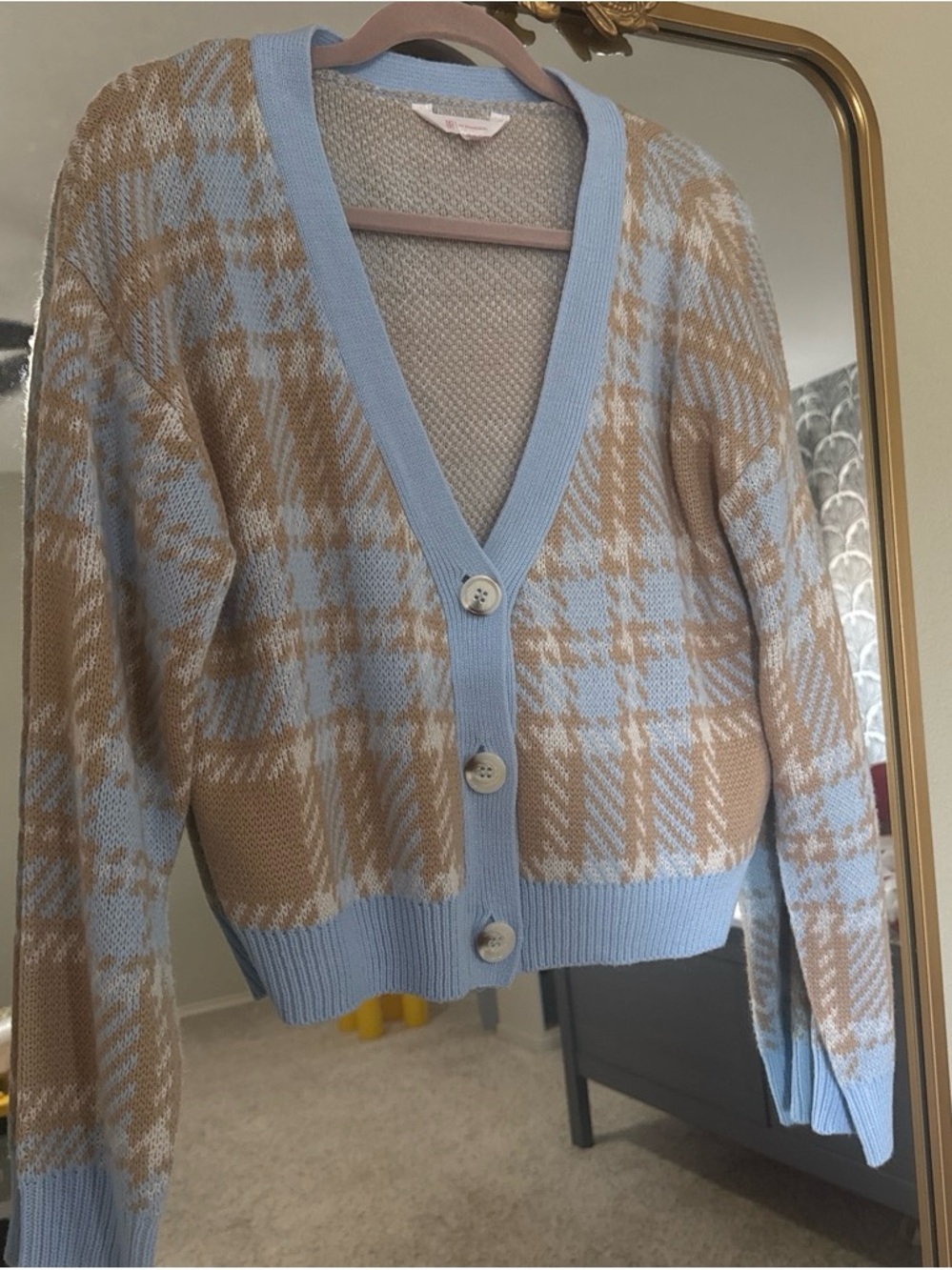 No Boundaries Light Blue & Beige Plaid V-Neck Button Cardigan
